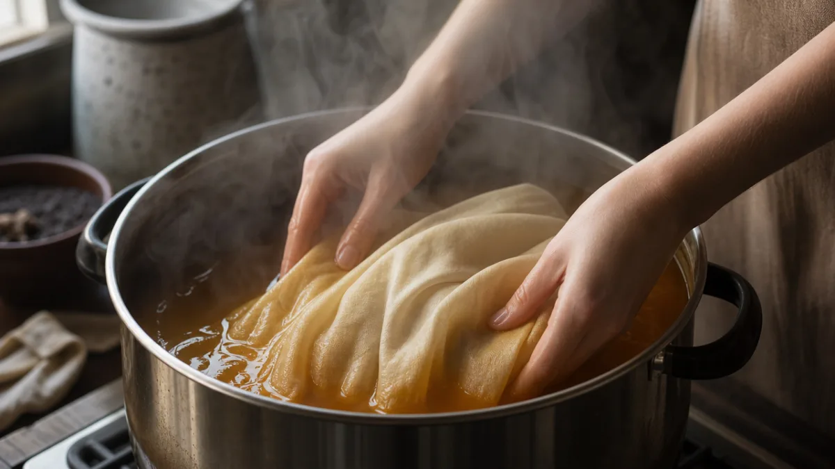 hands gently submerging cream-colored fabric into a steaming amber dye pot, soft…