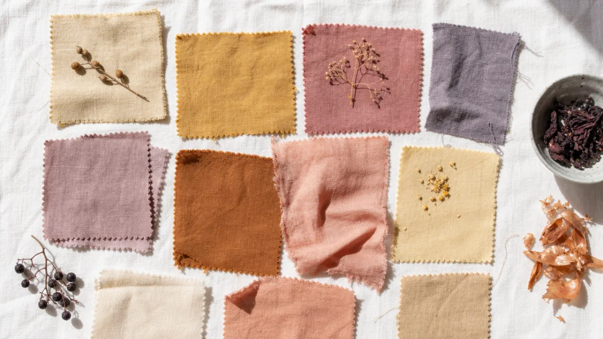 a flat lay of naturally dyed fabric swatches in soft earthy tones…