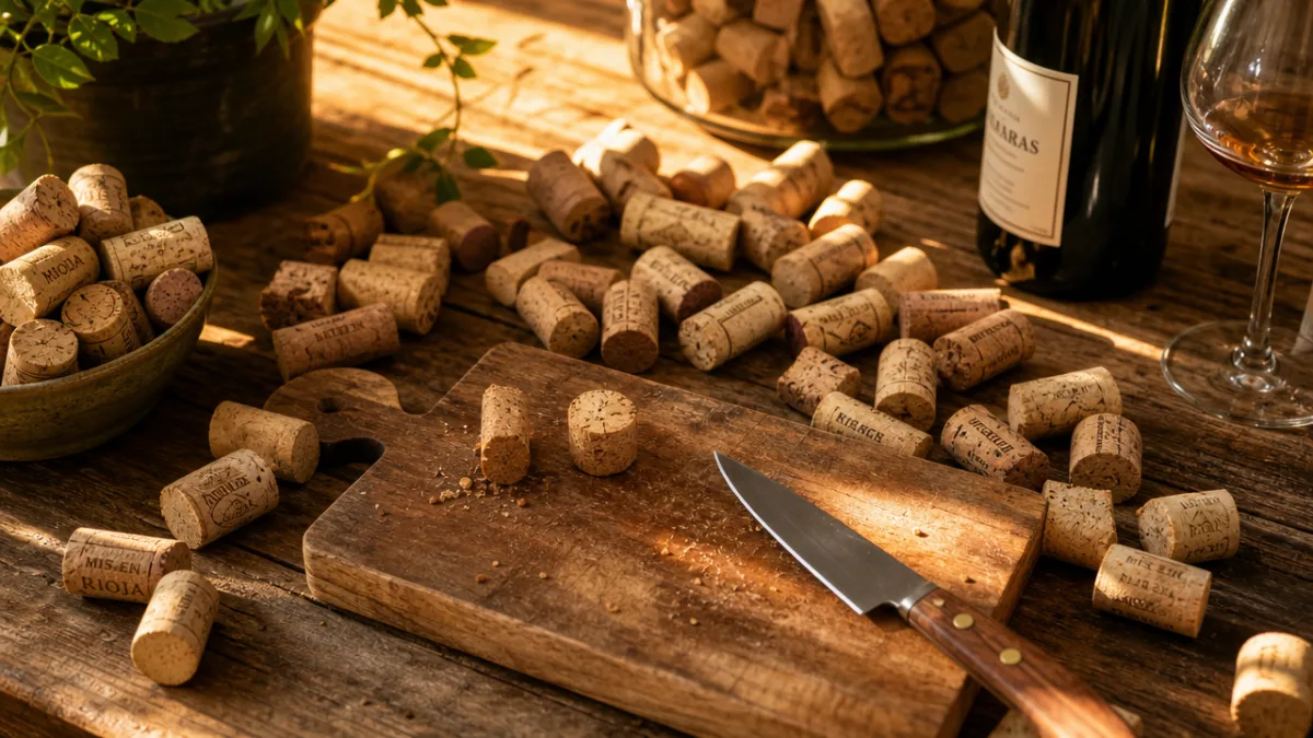 a rustic wooden table covered with natural wine corks, a sharp knife,…