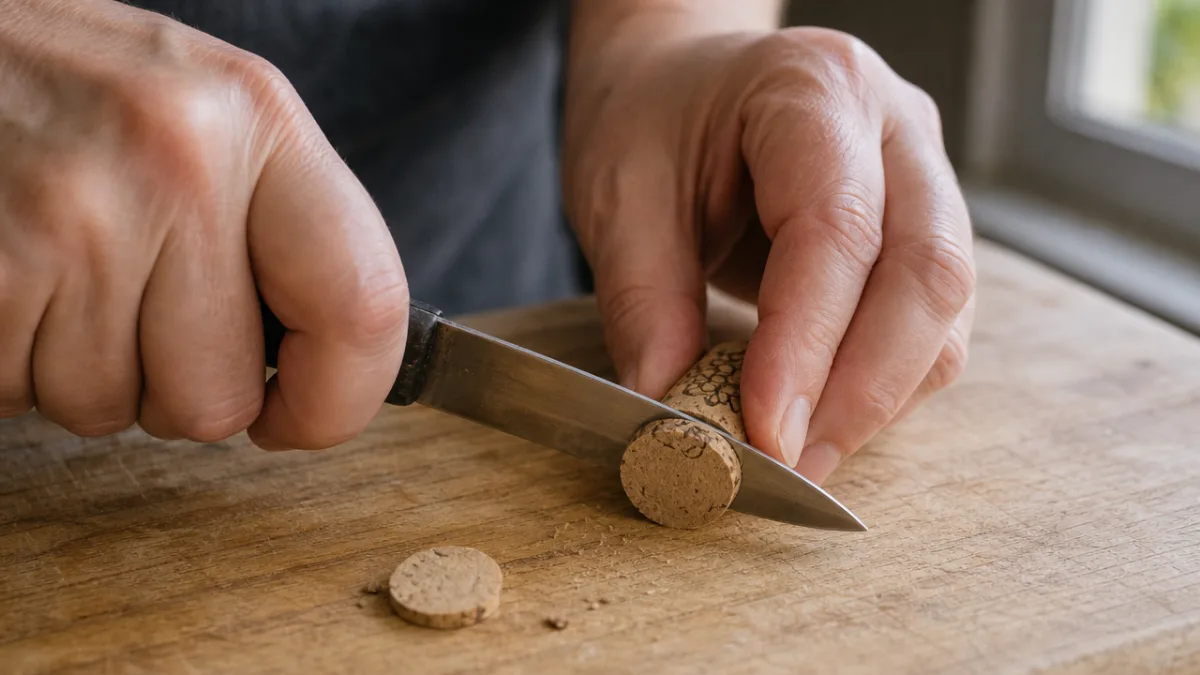 close-up of hands carefully slicing a wine cork on a wooden cutting…