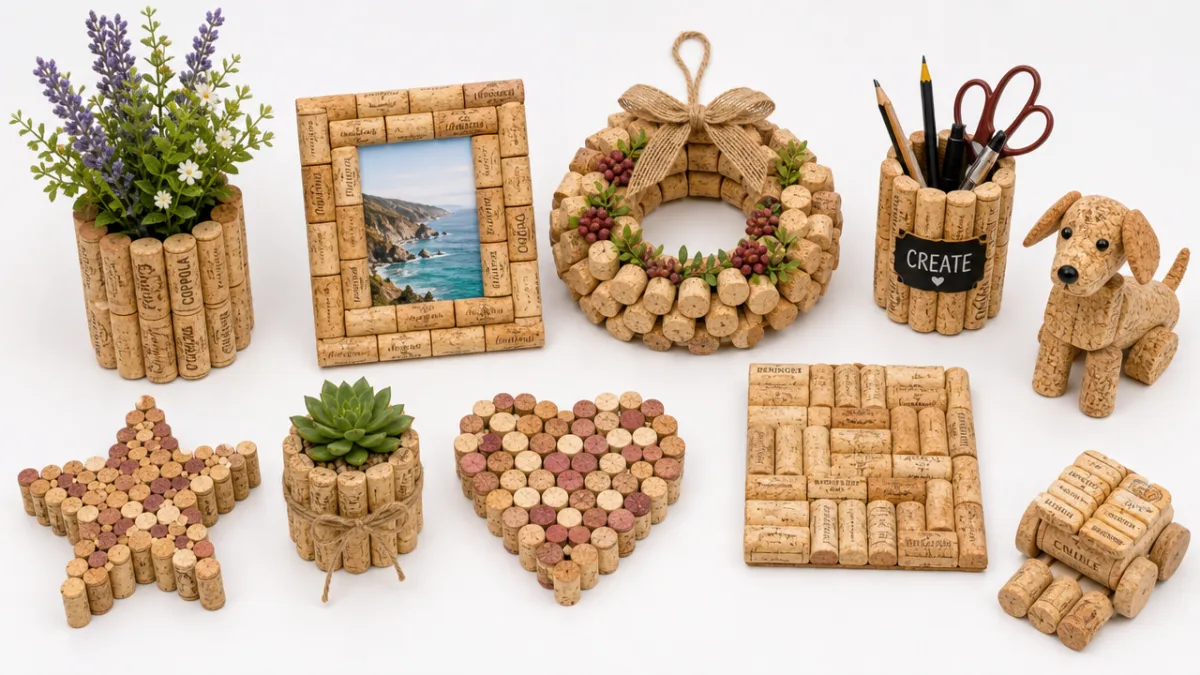 an array of finished cork craft projects displayed on a white surface,…