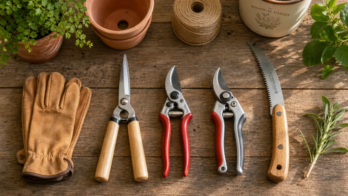 a flat lay of clean garden pruning tools on a wooden potting…