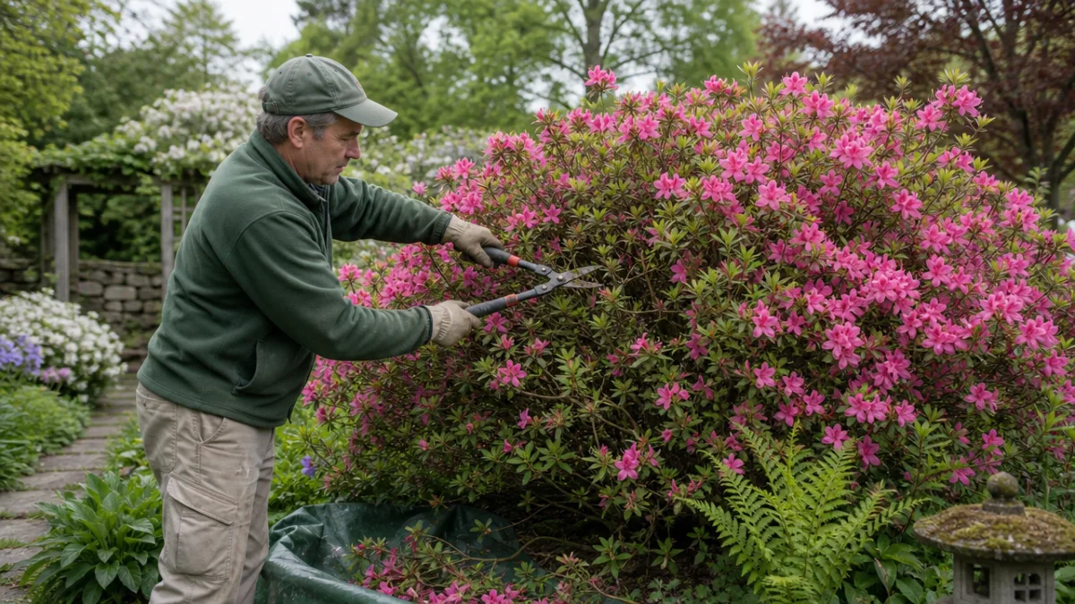 a gardener pruning an overgrown azalea shrub in a lush garden, soft…