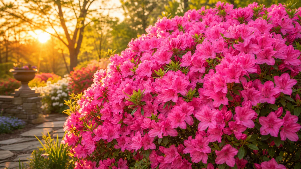 a thriving azalea shrub covered in vibrant pink blooms in a sunny…