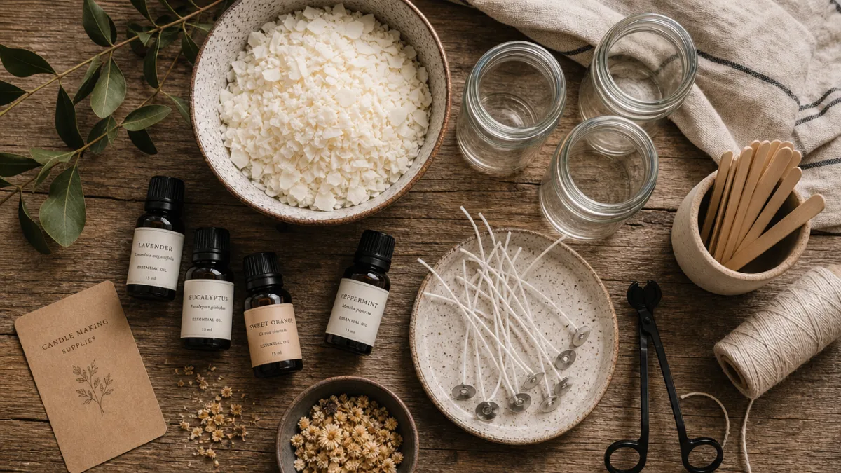a flat lay of candle-making supplies including soy wax, essential oil bottles,…