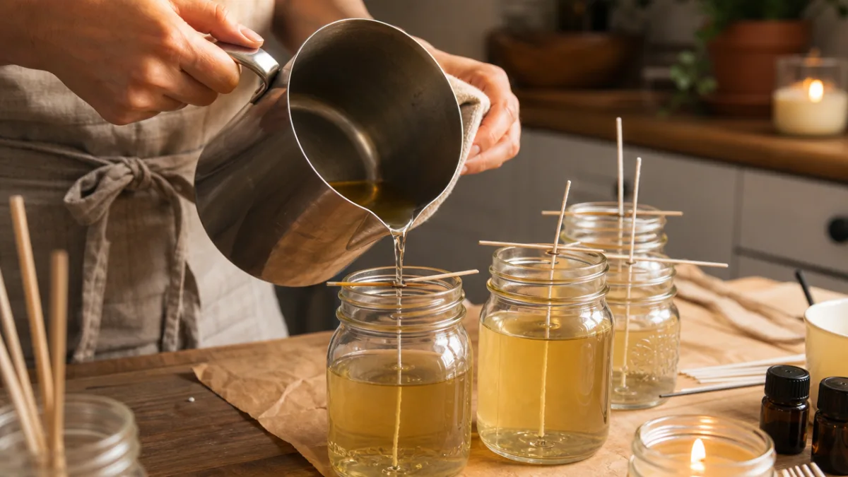 hands carefully pouring melted wax into glass mason jars with cotton wicks,…