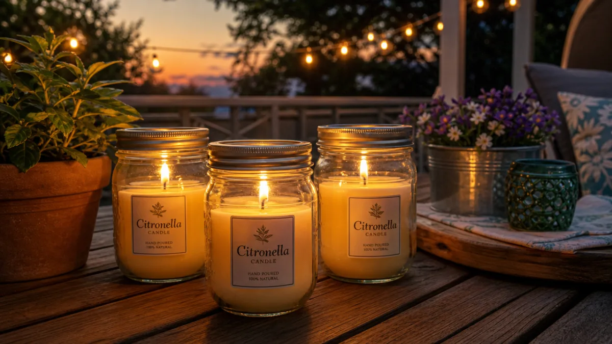 finished citronella candles in glass mason jars glowing on a wooden patio…