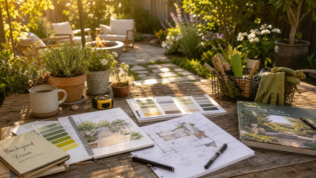 a sunlit backyard planning session with sketches, paint swatches, and gardening tools…