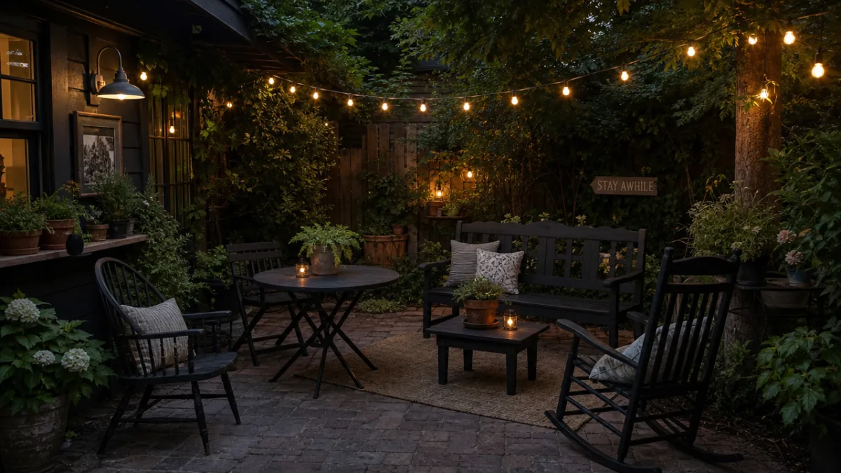 a cozy backyard patio with mismatched furniture painted matte black, string lights…