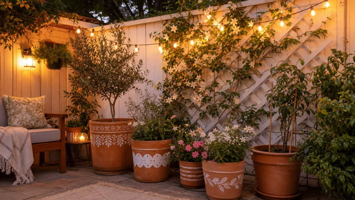a beautifully styled backyard corner with painted terracotta pots, string lights, and…