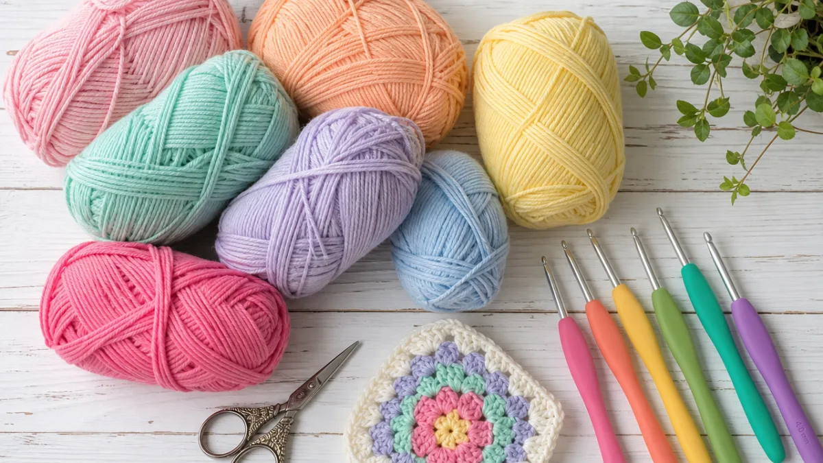a flat lay of colorful cotton yarn skeins and crochet hooks on…