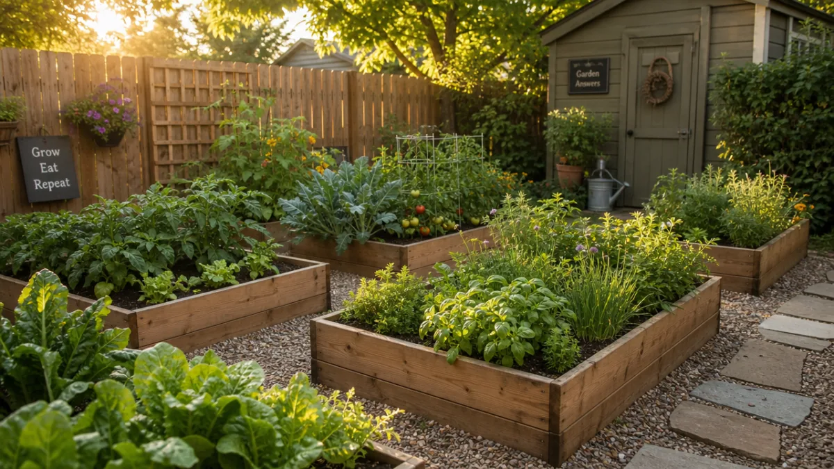 a sunlit backyard with neat wooden raised garden beds filled with lush…