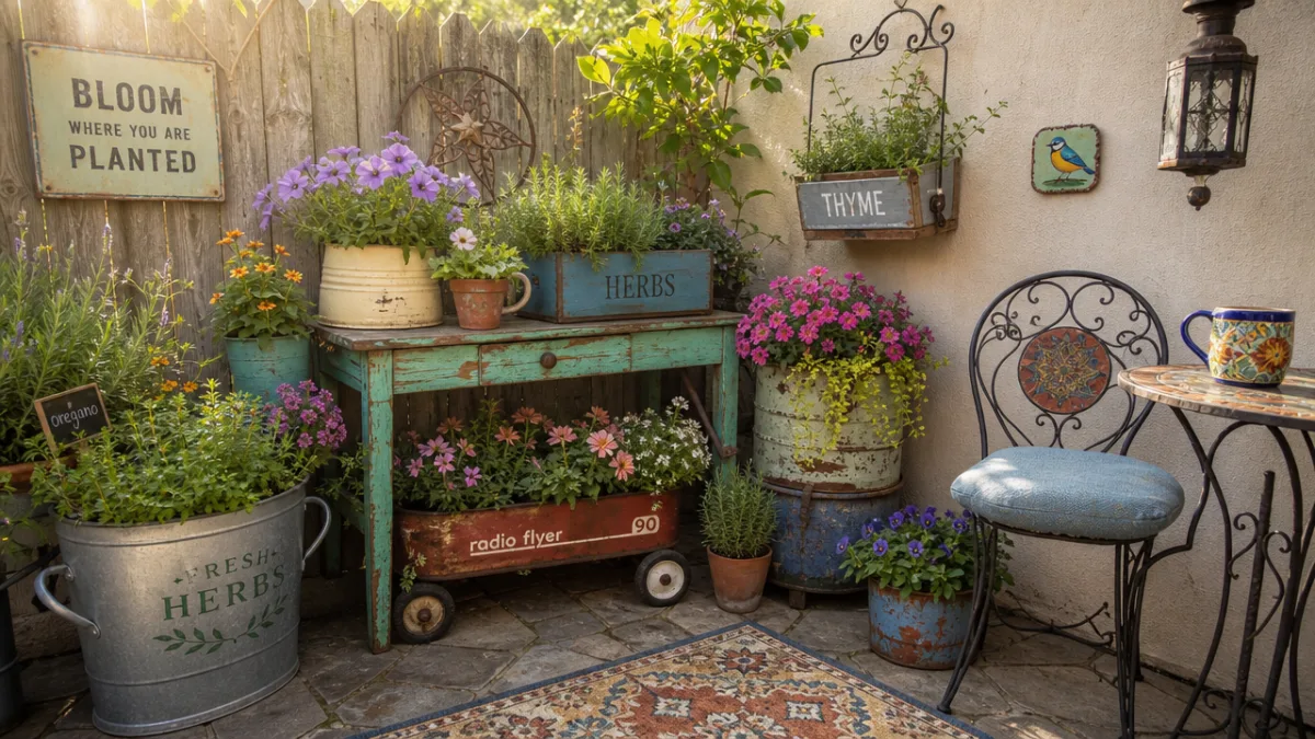 a charming backyard patio corner with eclectic upcycled planters overflowing with colorful…