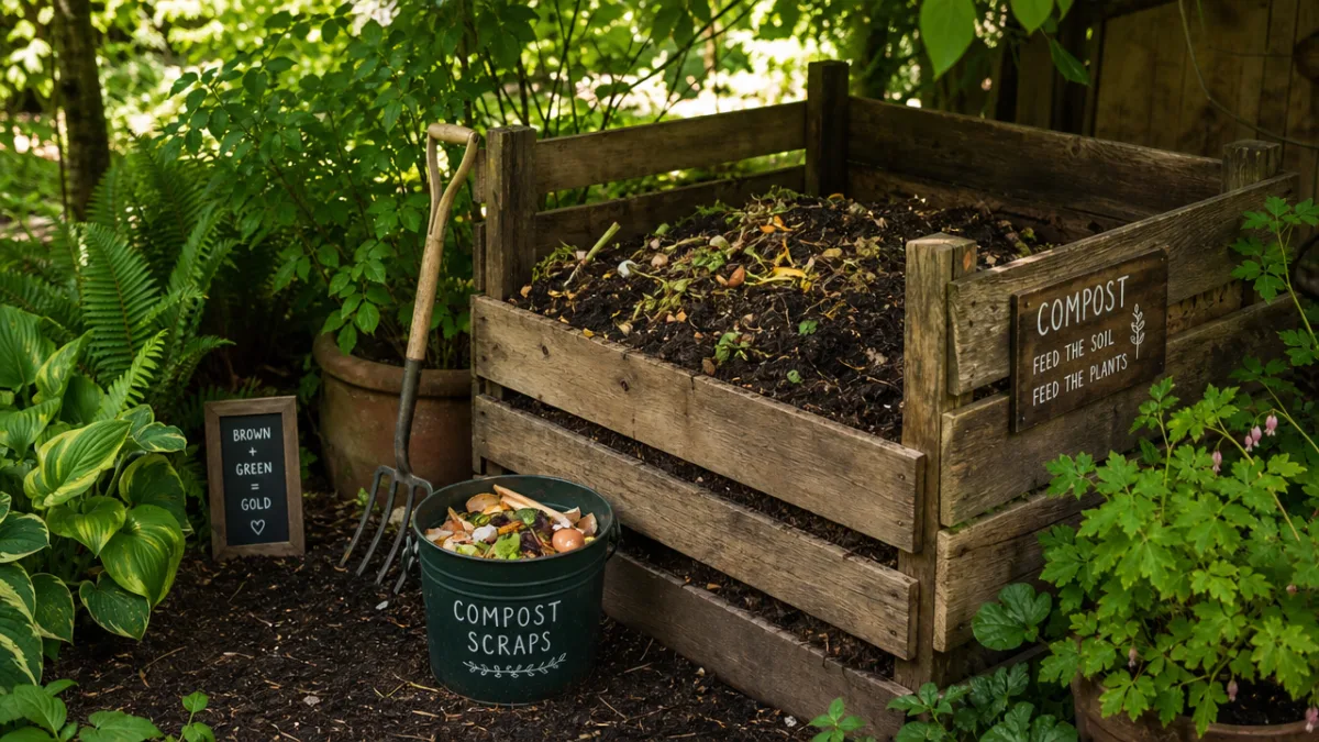 a productive home garden compost area with rich dark soil and wooden…