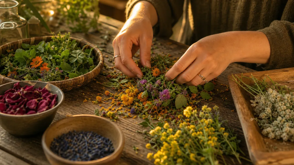 hands sorting vibrant natural plant materials on a rustic wooden table, warm…