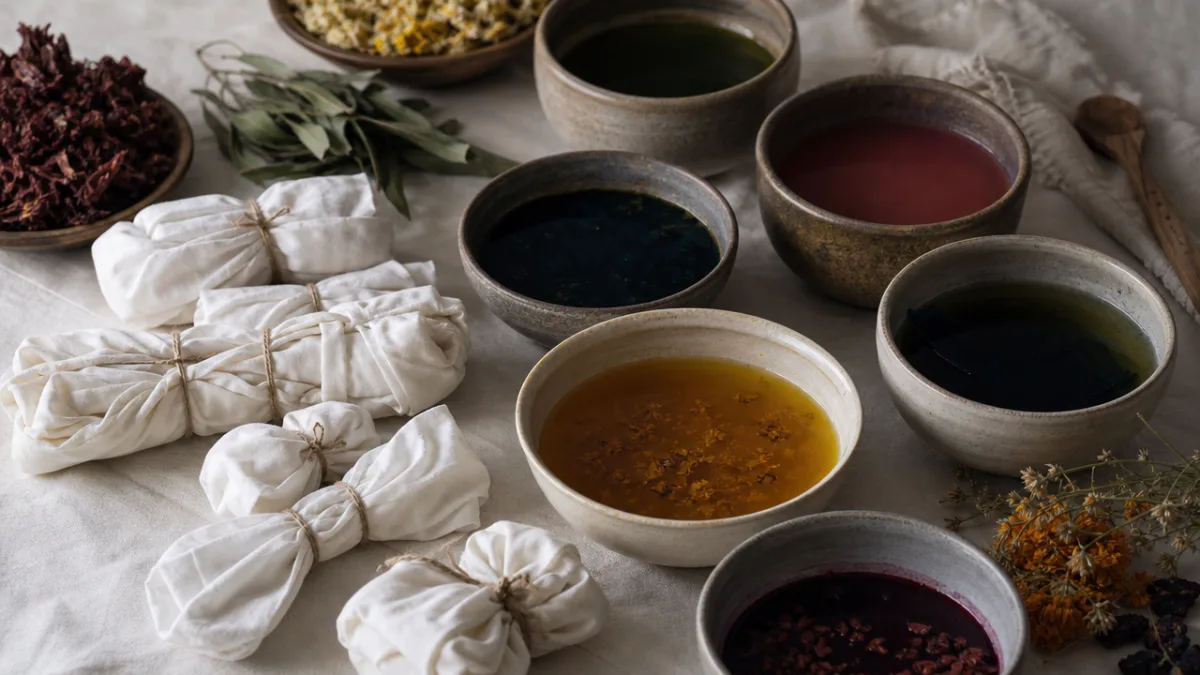 folded and tied white fabric pieces arranged near bowls of colorful natural…