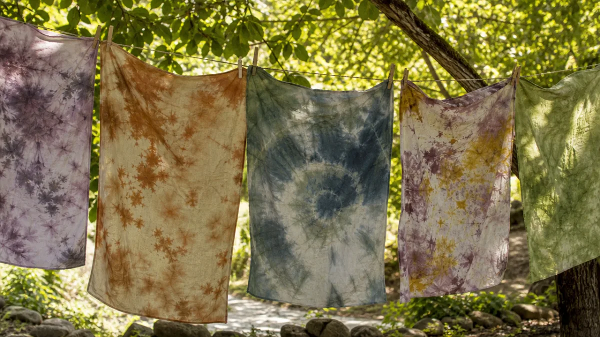 finished naturally tie-dyed fabric pieces hanging outdoors on a line, dappled afternoon…