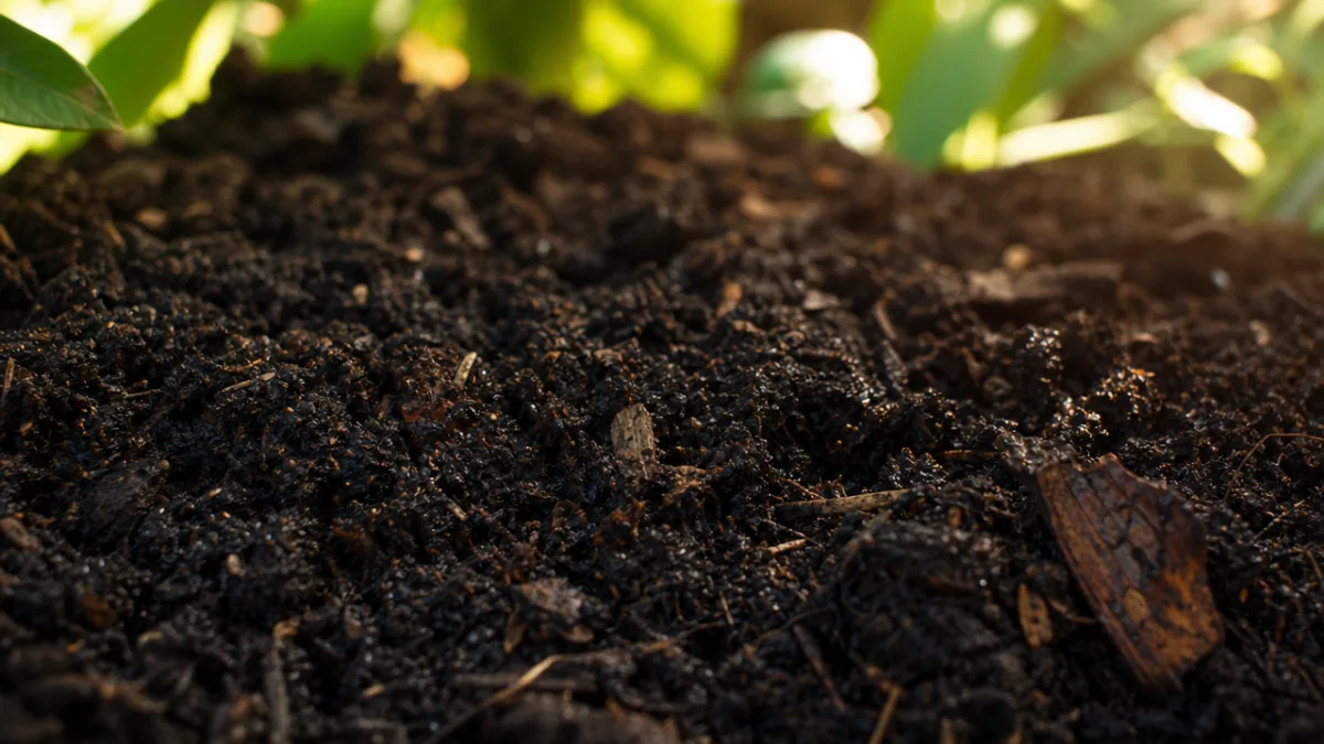 a close-up of rich dark garden soil with visible organic matter and…