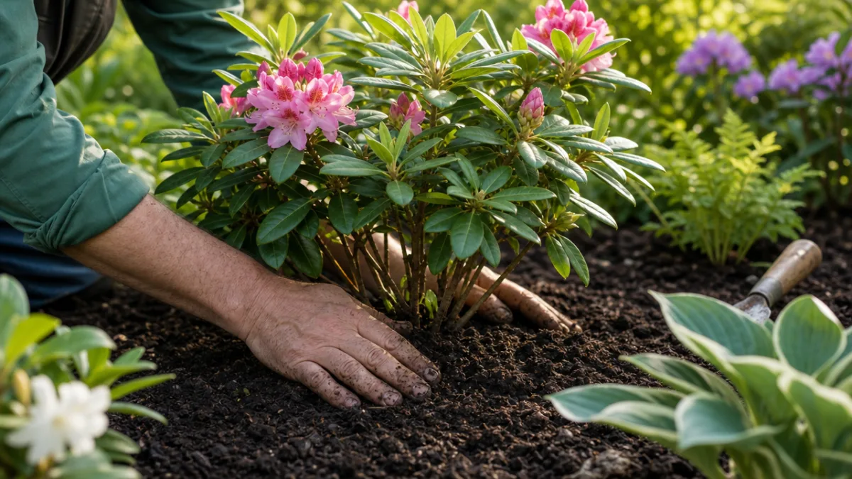 a gardener's hands pressing dark amended soil around the base of a…