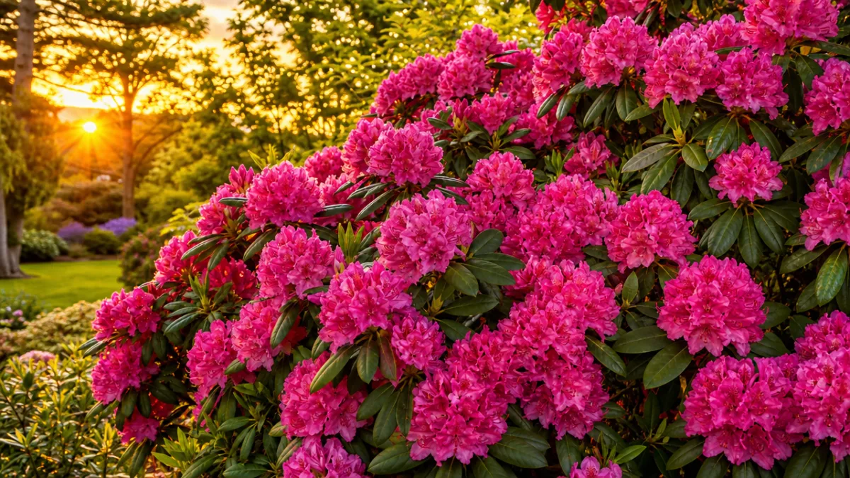 a magnificent blooming rhododendron covered in deep pink flowers in a lush…