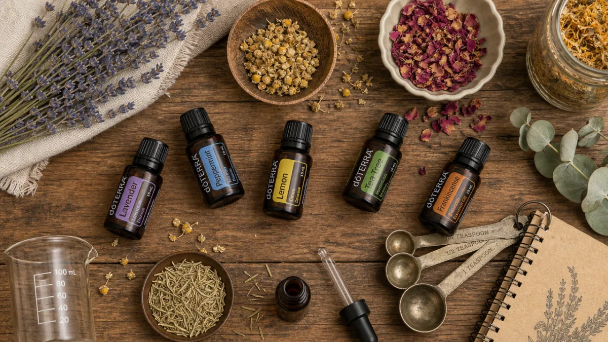 a flat lay of essential oil bottles, dried herbs and measuring tools…