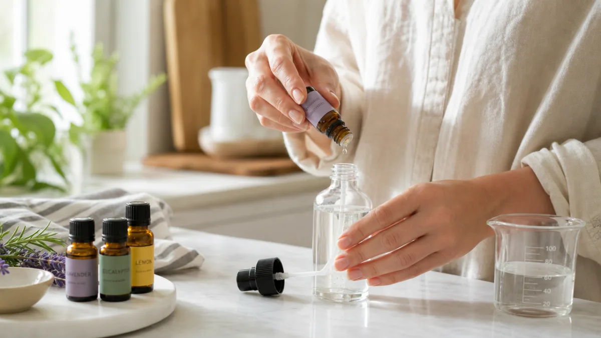 hands carefully mixing essential oils into a glass spray bottle on a…