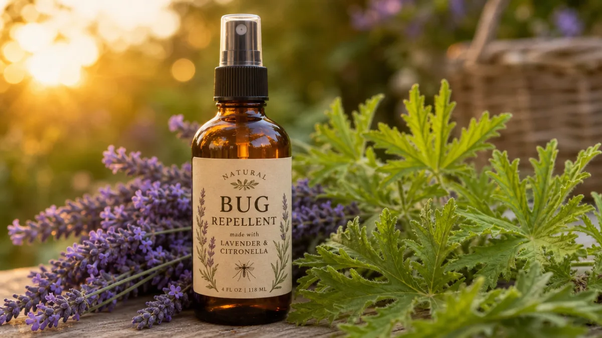 a finished amber glass spray bottle labeled bug repellent surrounded by fresh…