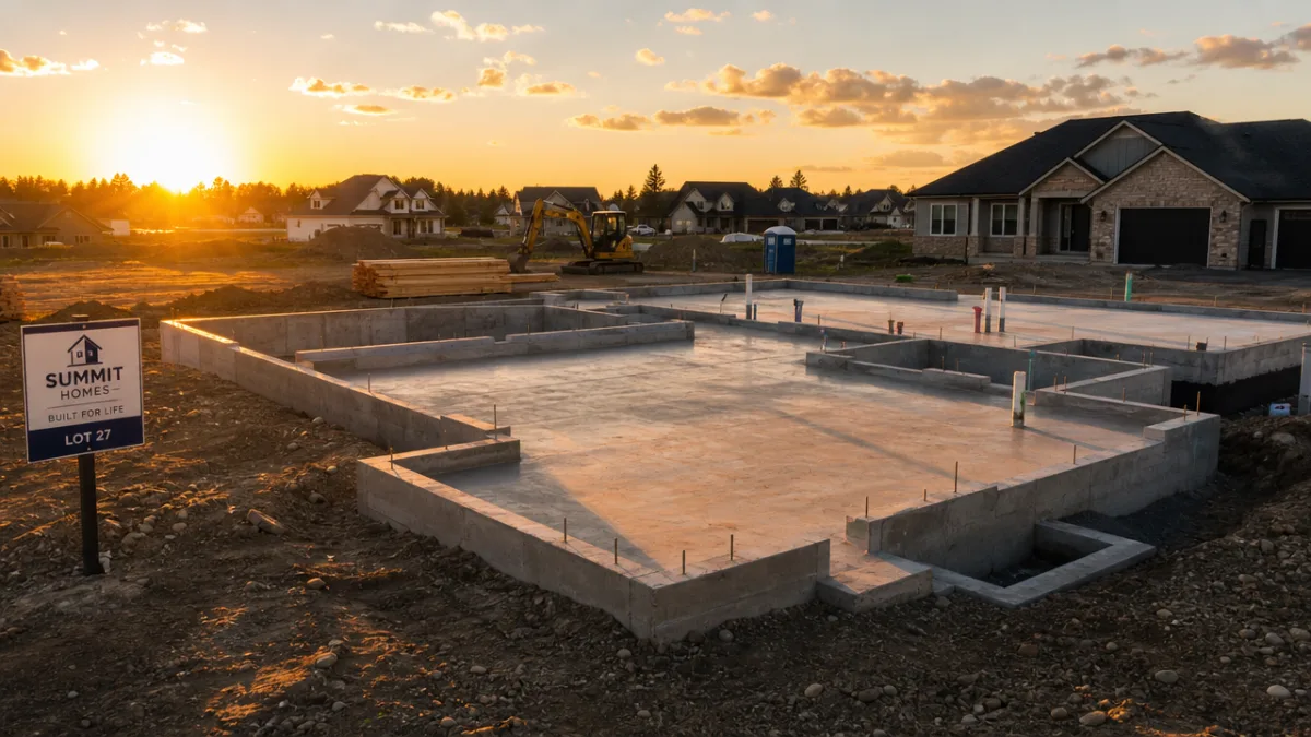 a wide-angle view of a residential construction site with freshly poured concrete…