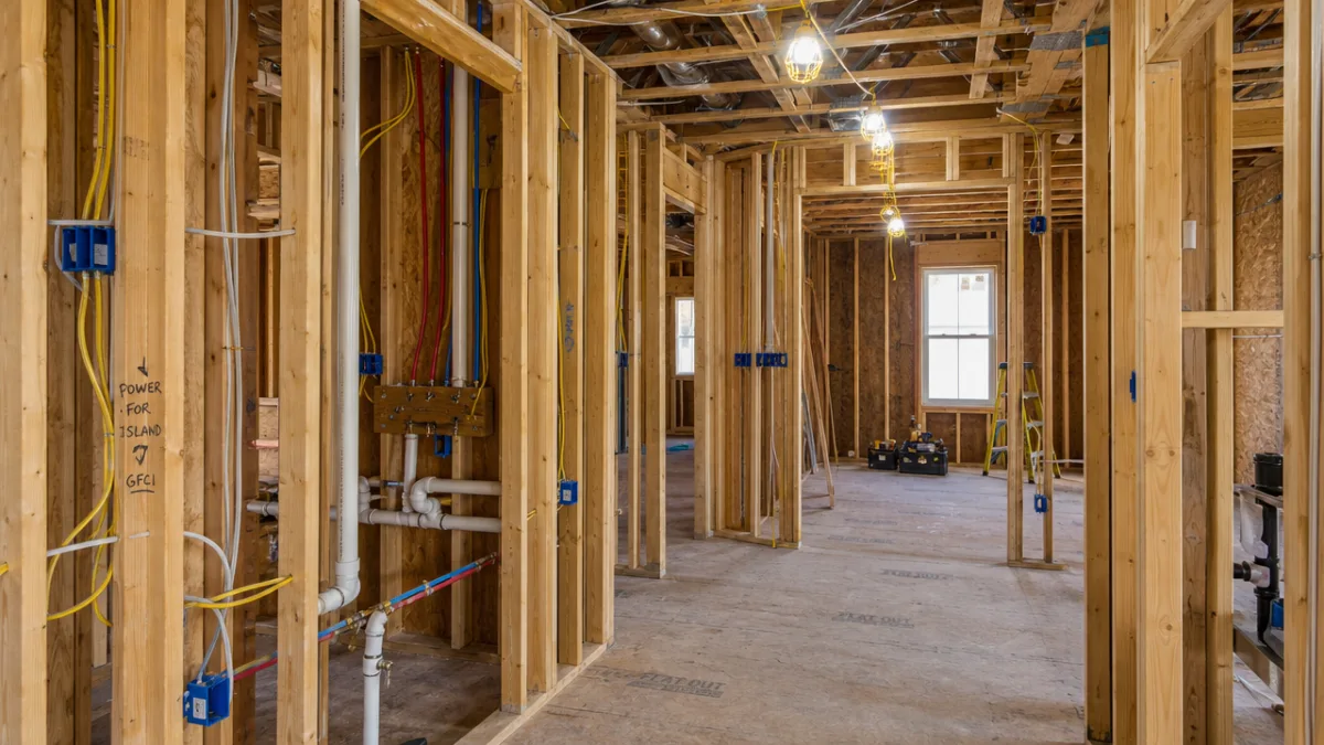 an interior view of a home under construction showing exposed wall framing…