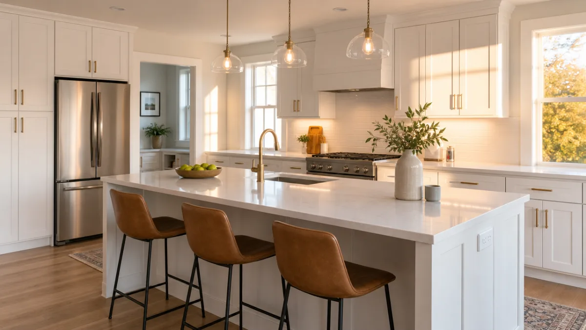 a newly finished bright modern kitchen with white cabinetry, quartz countertops, and…