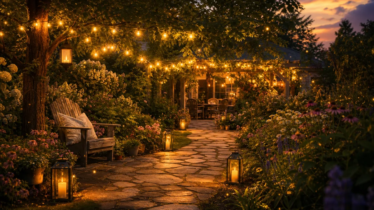 a lush summer garden at dusk with warm string lights glowing overhead…