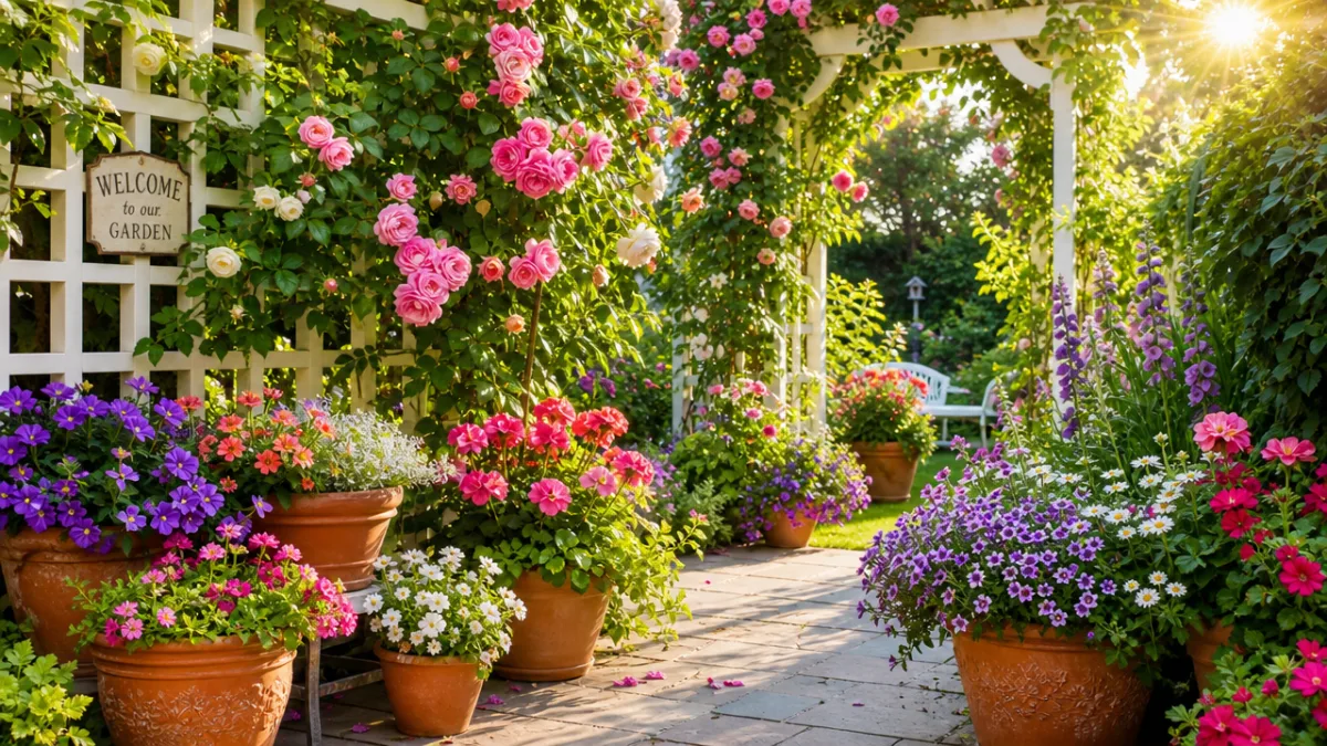 a vibrant summer garden with overflowing terracotta planters, lush climbing roses on…