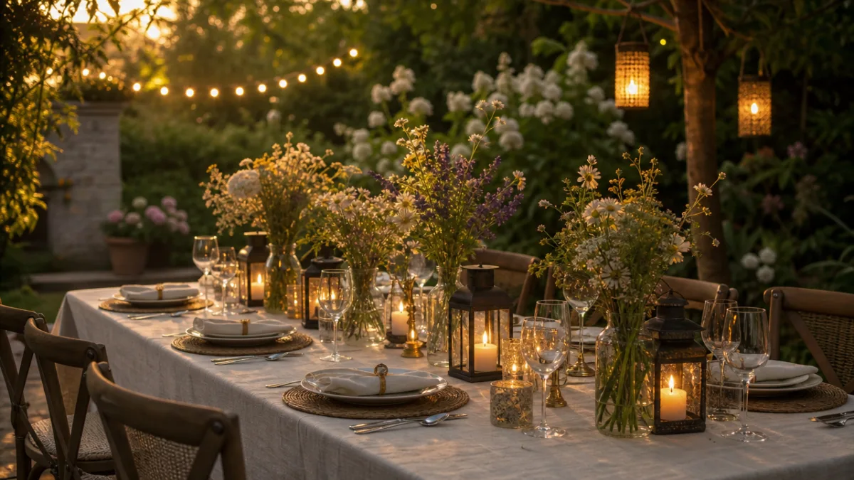 an elegant outdoor summer dinner party table with linen cloth, wildflower centerpieces,…