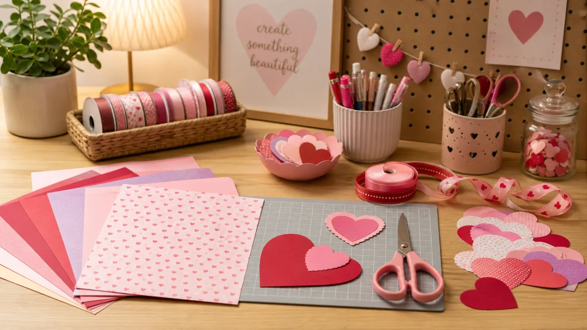 a neatly arranged craft table with colorful papers, scissors, ribbons, and heart-shaped…