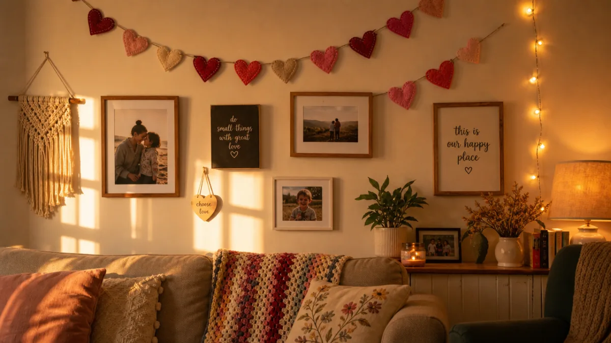 a cozy living room wall decorated with handmade heart garlands and framed…