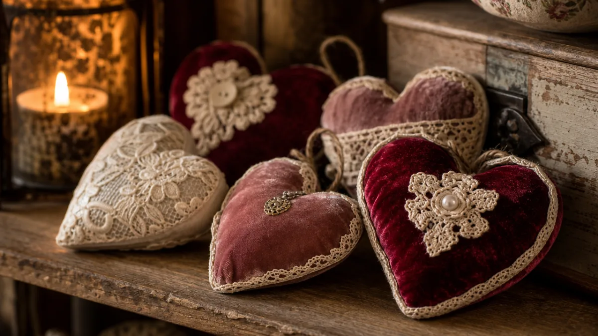 a close-up of handcrafted heart decorations in velvet and lace displayed on…