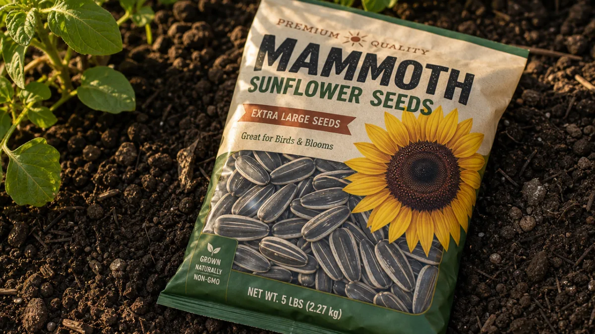 a packet of mammoth sunflower seeds resting on rich dark garden soil…