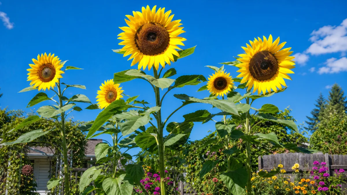 tall mammoth sunflowers growing in a sunny backyard garden, vibrant yellow blooms…