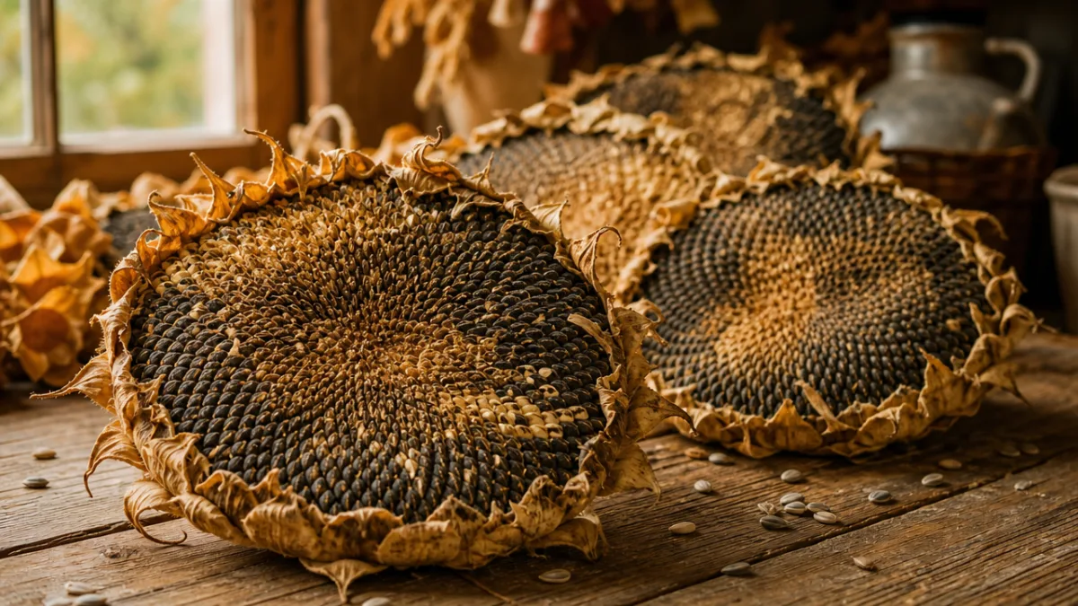 harvested mammoth sunflower seed heads drying on a rustic wooden table, warm…