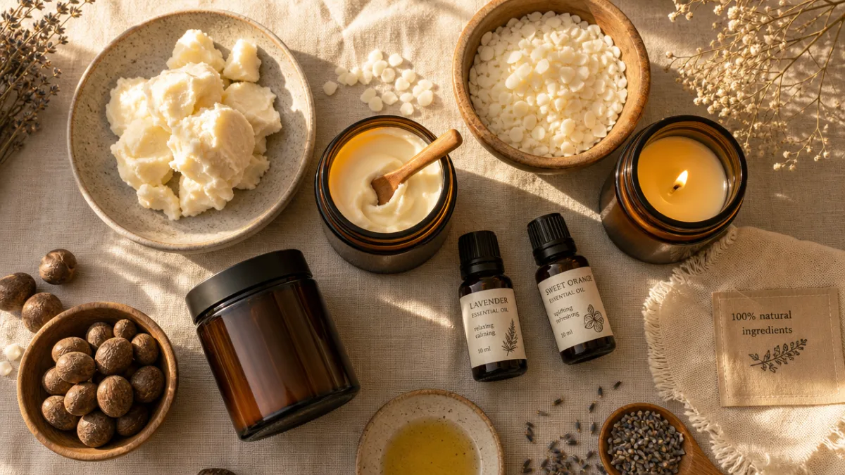 a flat lay of natural massage candle ingredients including shea butter, soy…