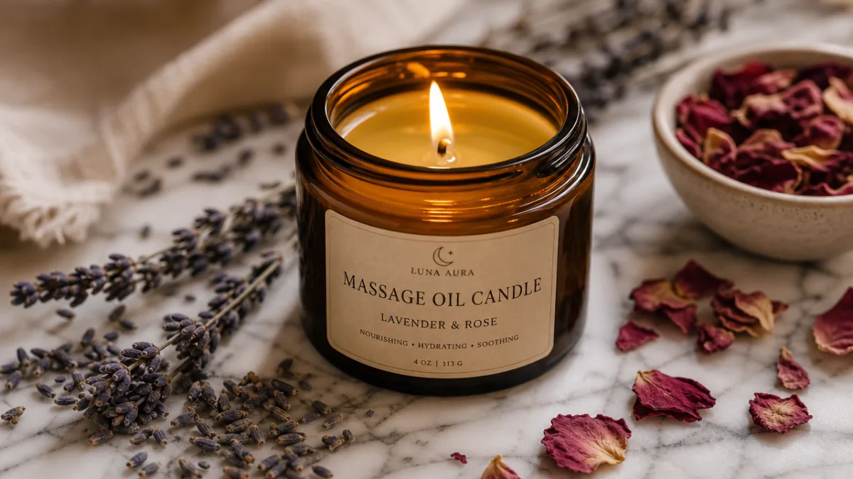 a lit massage oil candle in an amber glass jar surrounded by…
