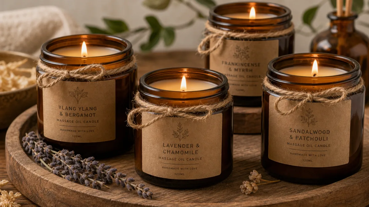 elegant handmade massage oil candles in amber jars tied with twine and…