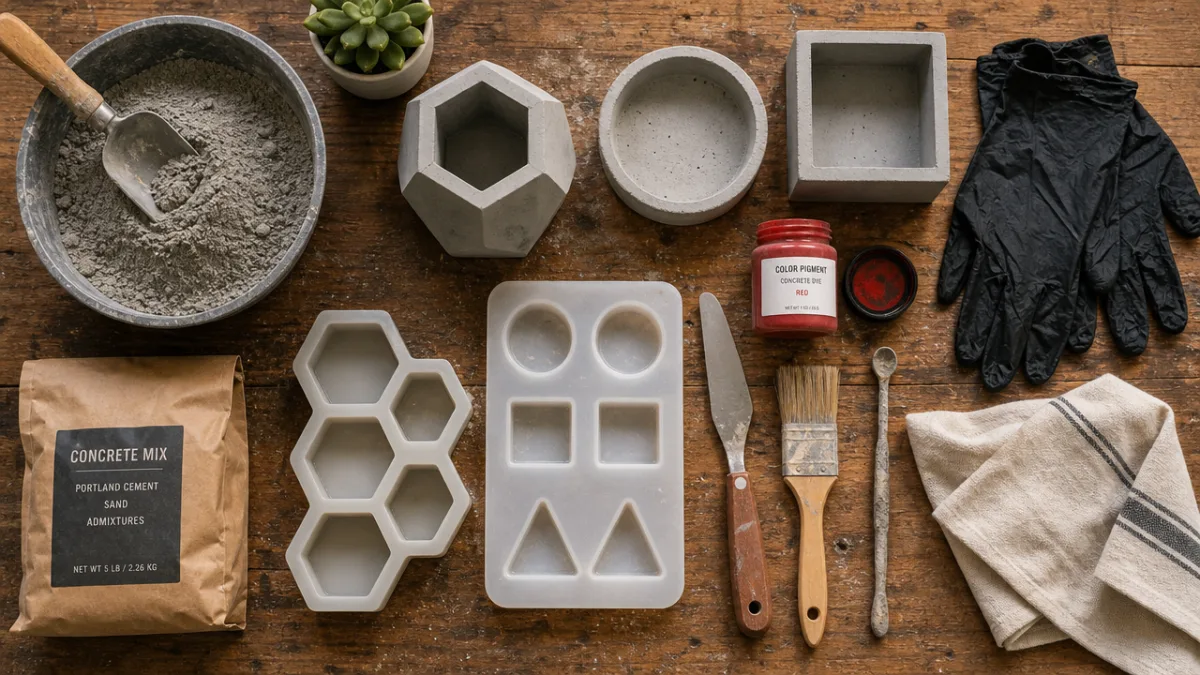 a flat lay of concrete crafting supplies including red paint, molds, gloves,…