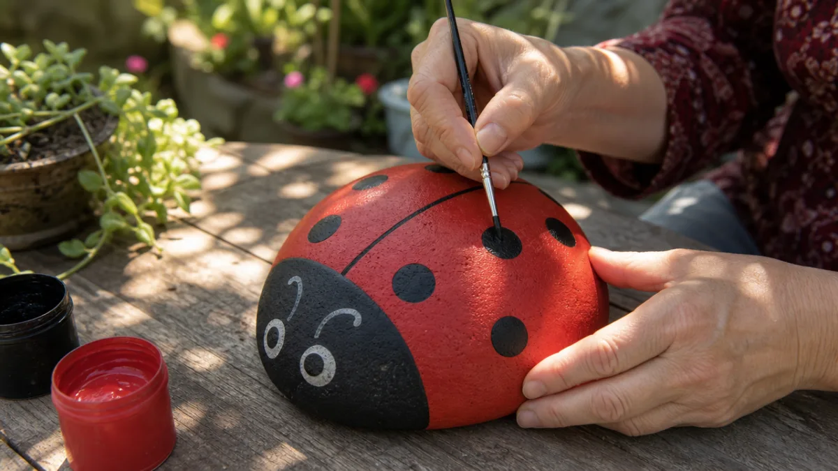hands carefully painting bright red and black dots onto a smooth concrete…