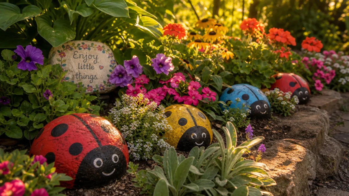 a lush green garden bed with colorful painted concrete ladybugs nestled among…
