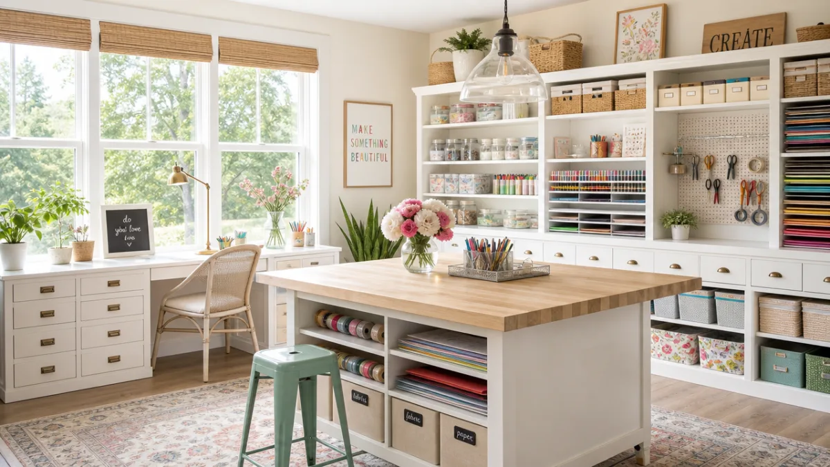 a bright and airy craft room with large windows, organized shelving, warm…