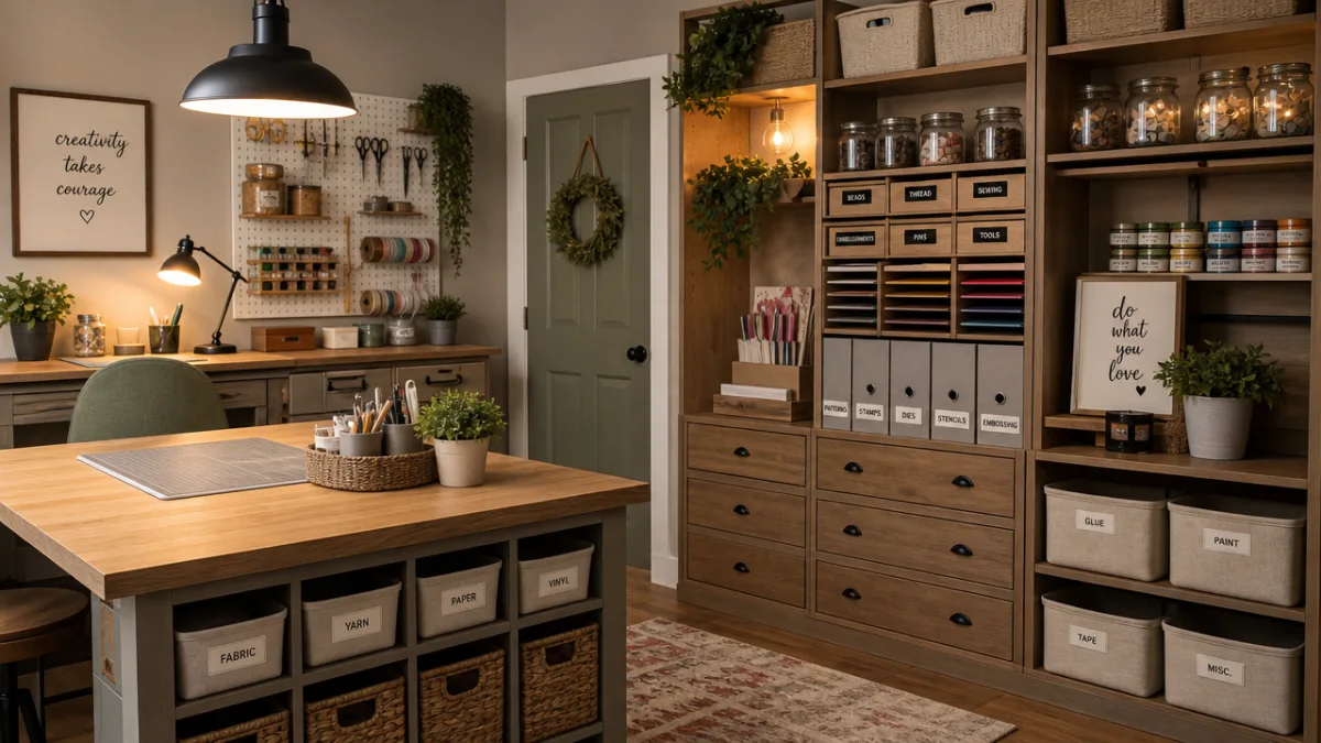a stylishly organized craft room with wooden furniture, labeled storage, and warm…