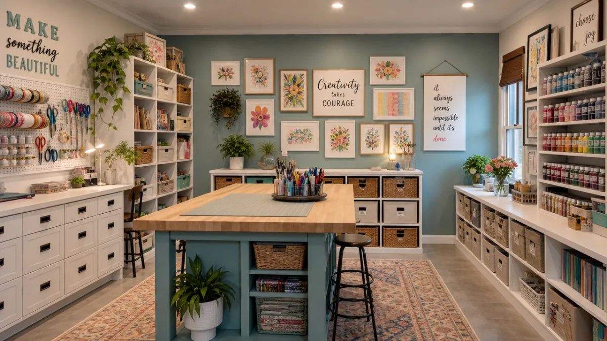 a tidy and creatively decorated craft room with organized supplies, soft overhead…