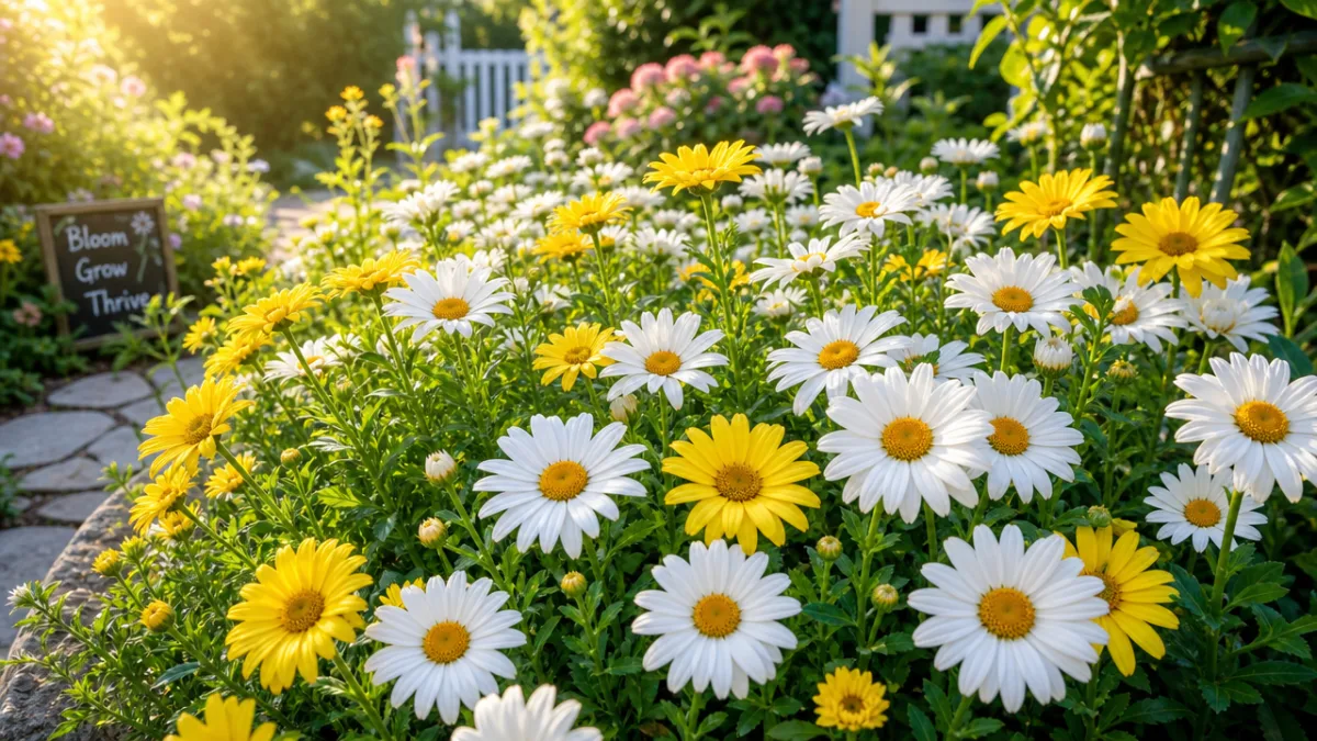 a lush garden bed filled with blooming white and yellow daisies in…