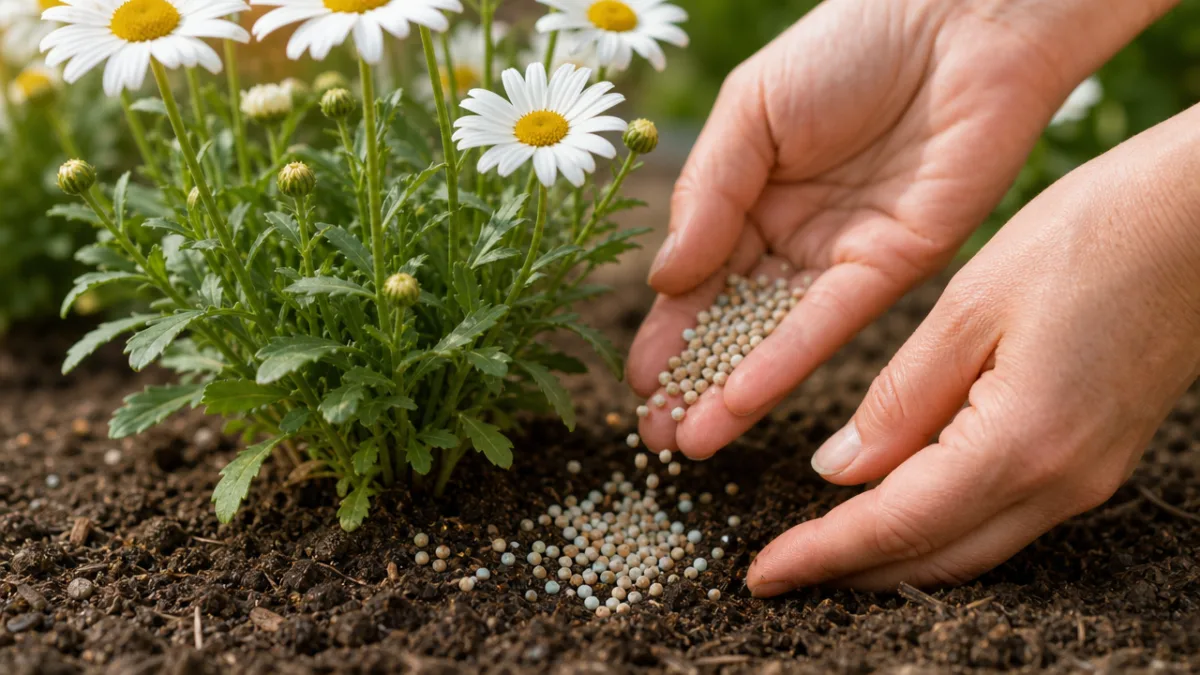 close-up of hands gently sprinkling granular fertilizer around the base of a…